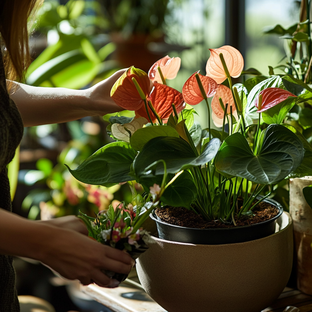 Person tending potted anthuriums