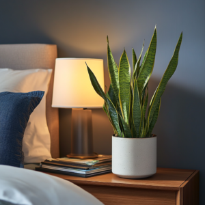 Bedroom nightstand with plant.