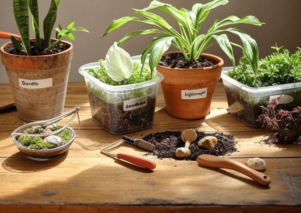 Indoor plants with gardening tools.