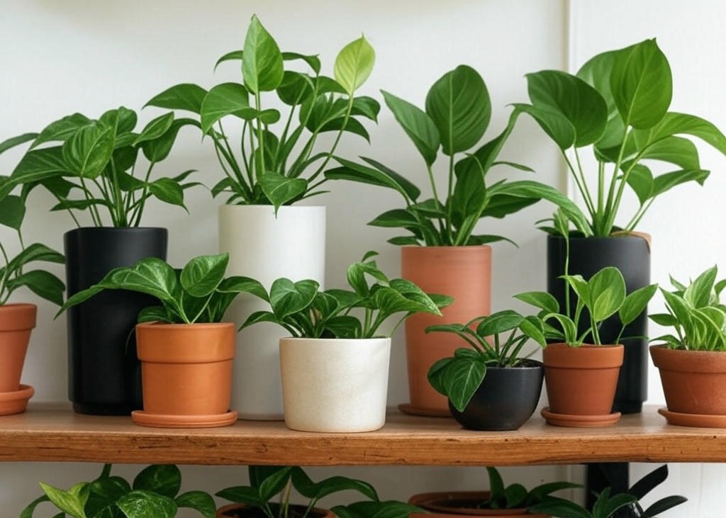 Potted plants on wooden shelf.