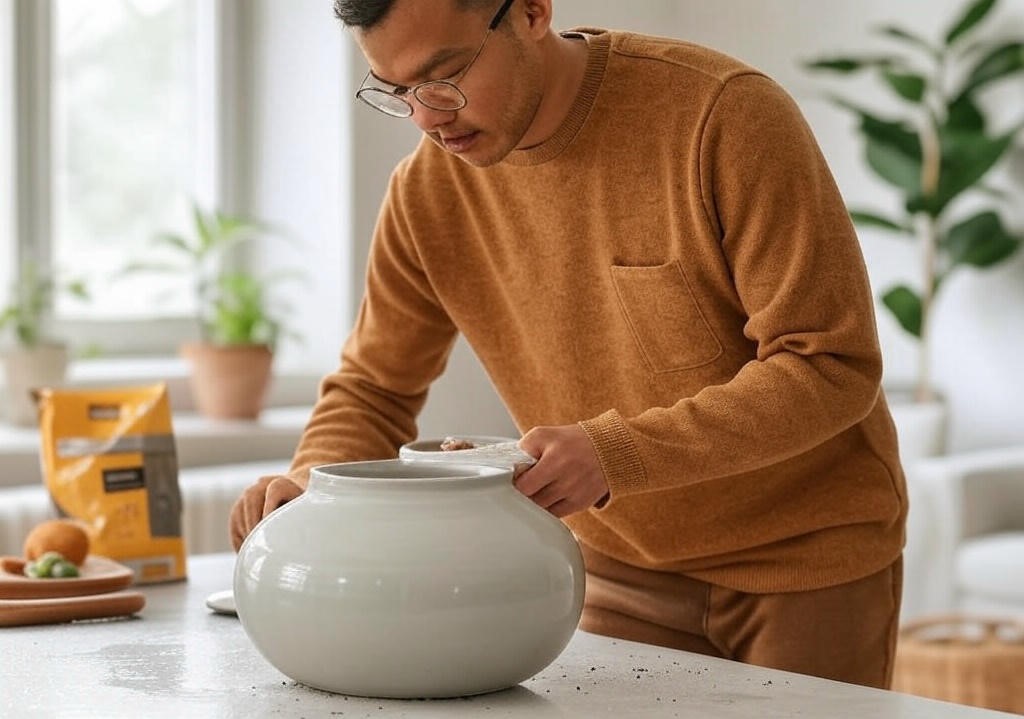 Person repotting plant indoors
