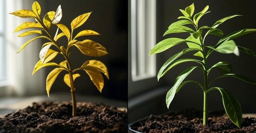 Yellowing plant beside healthy