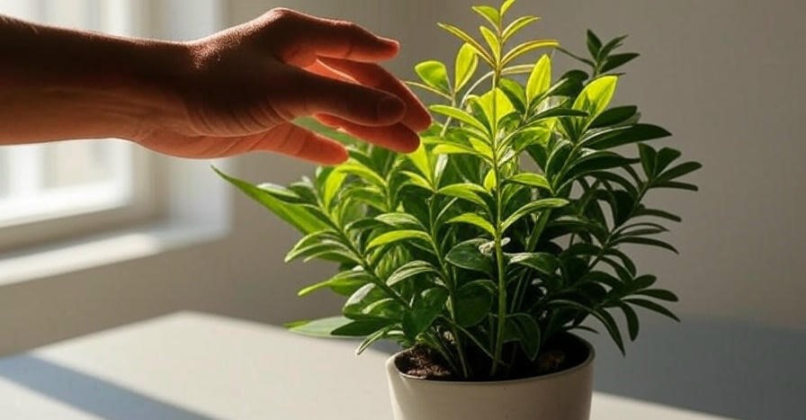 Hand touching green plant