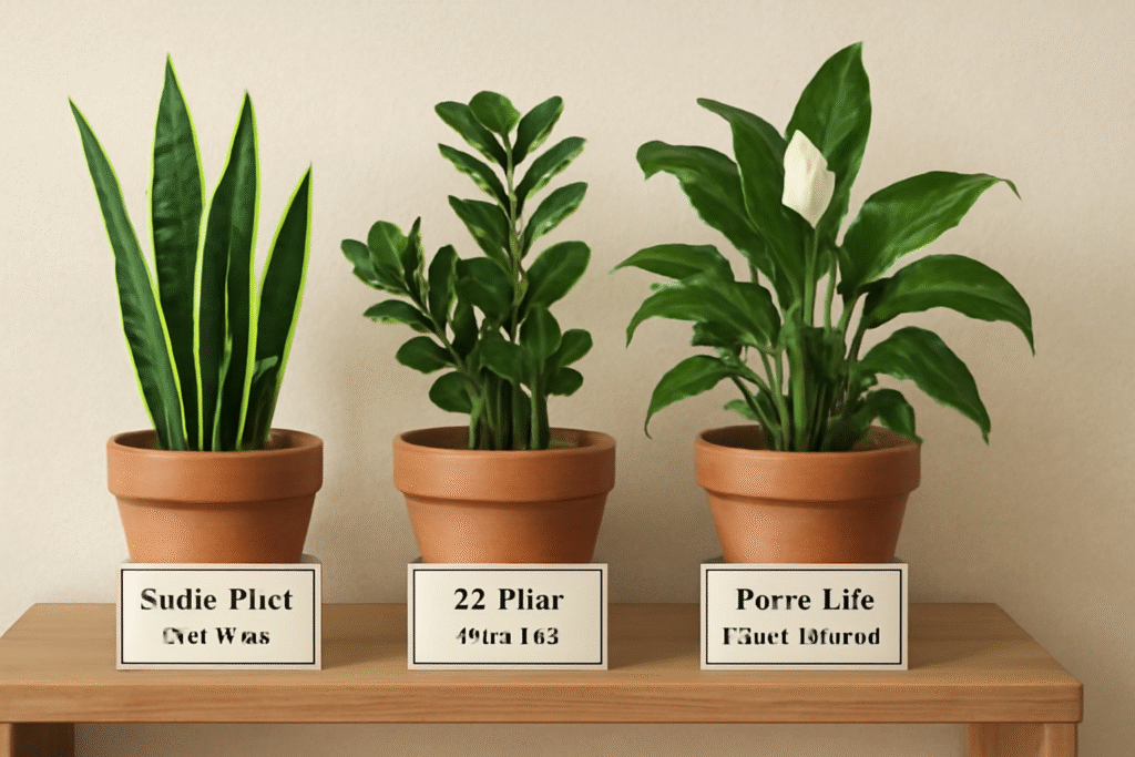 Three potted plants labeled