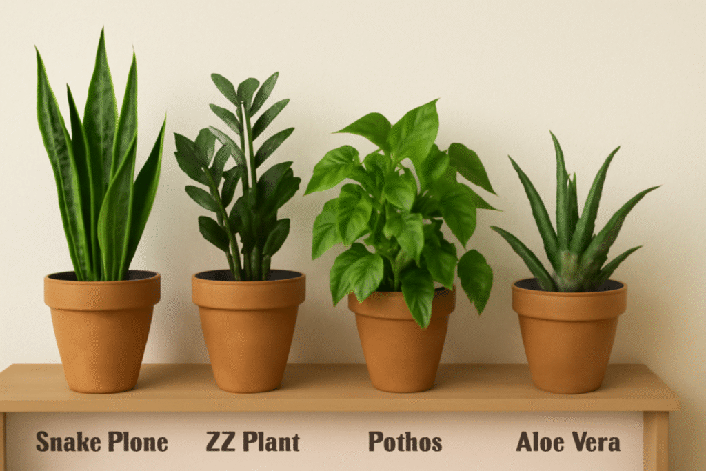 Four potted houseplants labeled