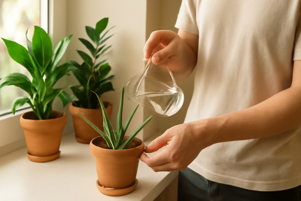 Person watering indoor plants