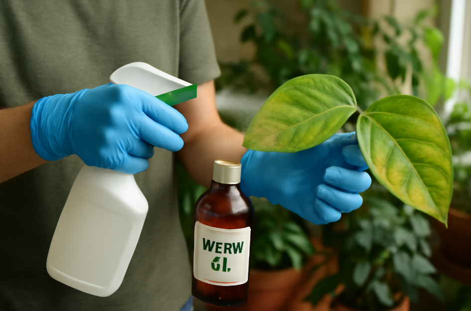 Person wearing blue gloves spraying a plant leaf with a solution from a bottle labeled "WERW GI," showcasing plant care and pest control in a lush indoor garden setting.