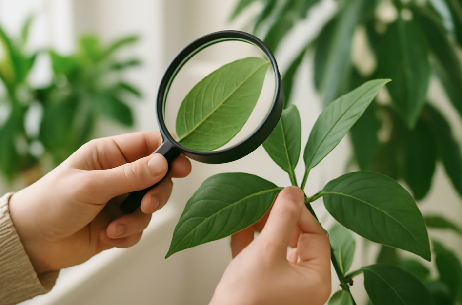 Close-up of hands using a magnifying glass to examine a vibrant green plant leaf, surrounded by lush indoor greenery, highlighting plant care and botanical inspection techniques.