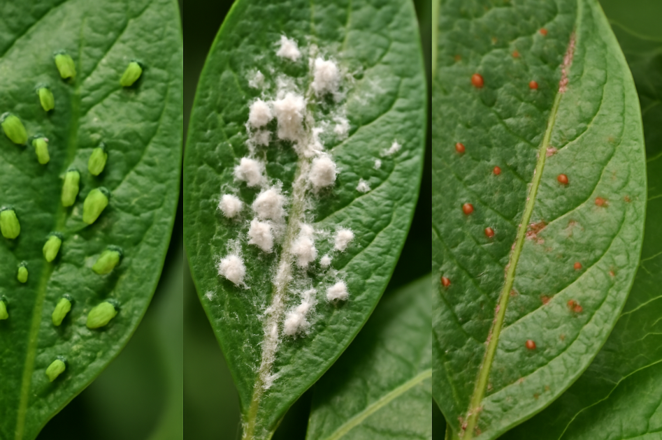 "Close-up of indoor plant pests on leaves, showing green aphids on the left, cotton-like mealybugs in the middle, and tiny red spider mites on the right, highlighting the damage caused by each pest." 2/2