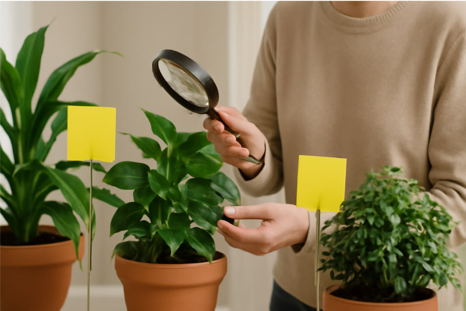 "A person inspecting indoor plants with a magnifying glass to check for pests, with yellow sticky traps placed around the plants in a well-maintained indoor garden, bathed in soft, natural light." 
