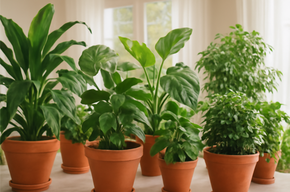"A lush indoor garden with vibrant green plants in terracotta pots, including a prominent Dracaena, bathed in soft natural light streaming through large windows with sheer curtains, creating a peaceful and inviting atmosphere." 