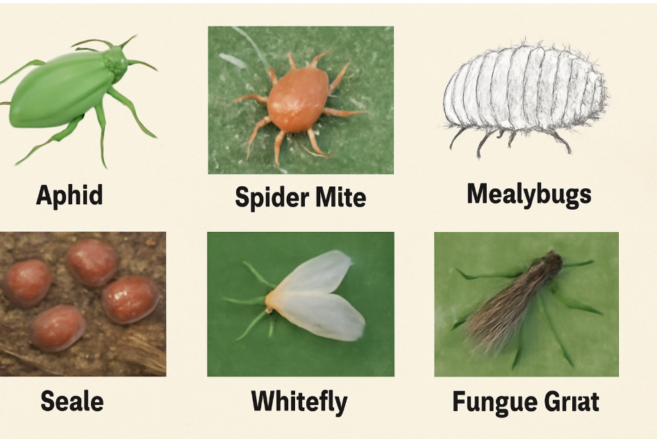 "Close-up collage of six common indoor plant pests including aphids, spider mites, mealybugs, scale insects, whiteflies, and fungus gnats, with clear labels for each pest, highlighting their distinctive features and textures." 