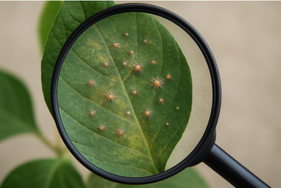 "Close-up image of a plant leaf under a magnifying glass, revealing tiny spider mites and webbing caused by an infestation, showcasing detailed damage and pest infestation on the leaf's surface." 