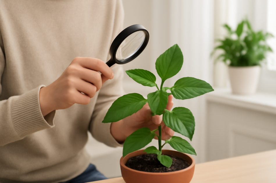 "A person holding a magnifying glass and inspecting the undersides of plant leaves for pests, with a bright indoor setting and a potted green plant in the background." 