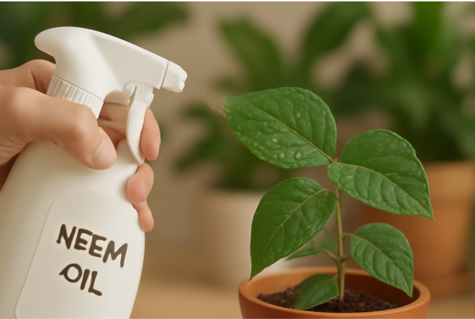 "Close-up of a hand spraying neem oil from a white bottle onto the leaves of a potted plant, with clear droplets visible on the leaves and a healthy, thriving indoor plant background." 
