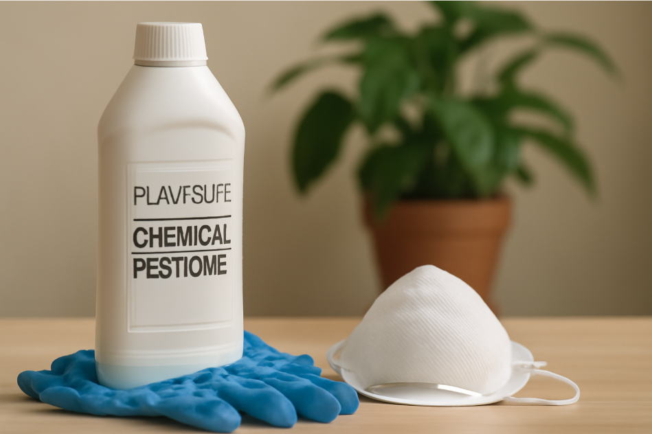 "Close-up of a white plant-safe chemical pesticide bottle, blue latex gloves, and a protective mask placed on a wooden table, with a healthy potted plant in the background, emphasizing safety and responsible pesticide use." 
