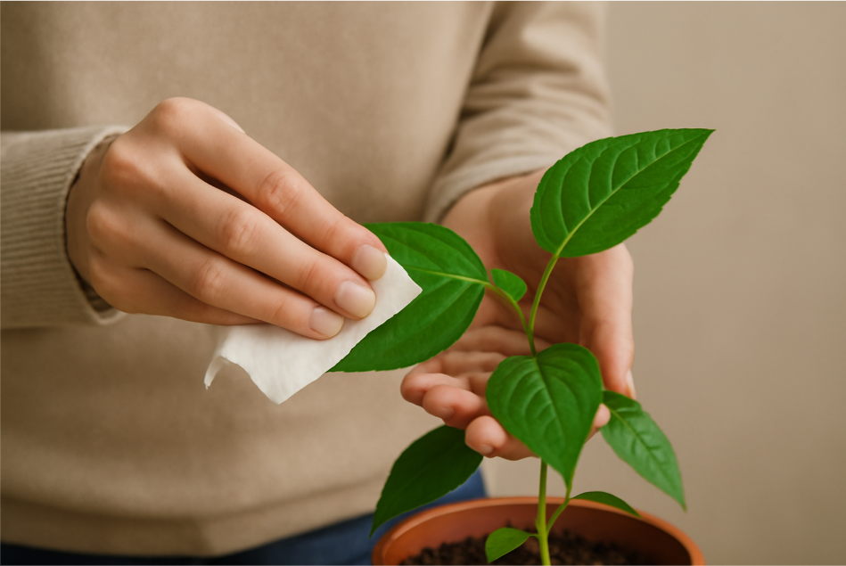 "Close-up of a person gently wiping plant leaves with a damp cloth, cleaning away dust and debris, with a vibrant green potted plant in the foreground and soft natural light in the background." 