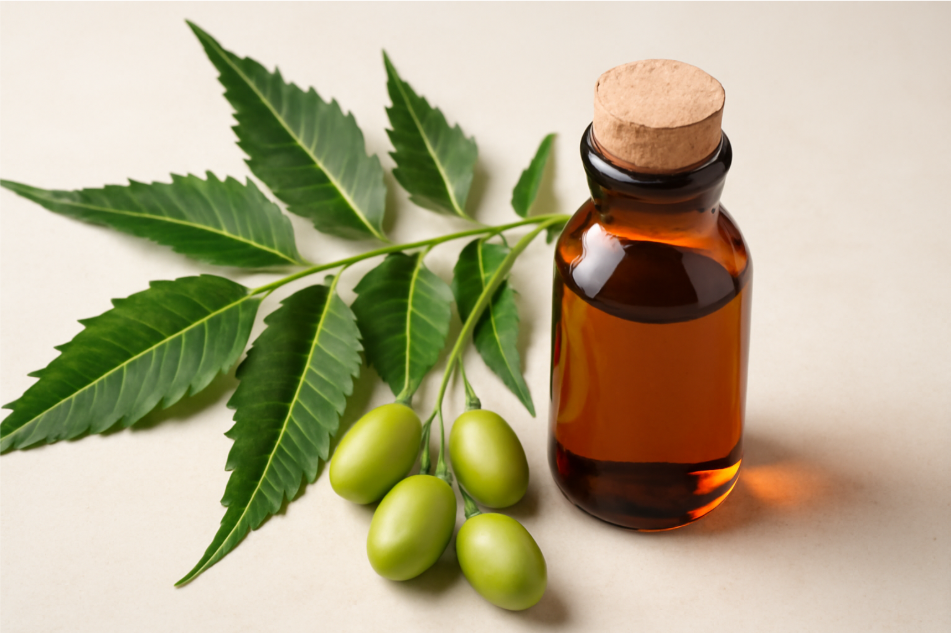 "Close-up of neem tree leaves and seeds next to a bottle of cold-pressed neem oil, highlighting the natural origin of the oil in a neutral, eco-friendly setting." 