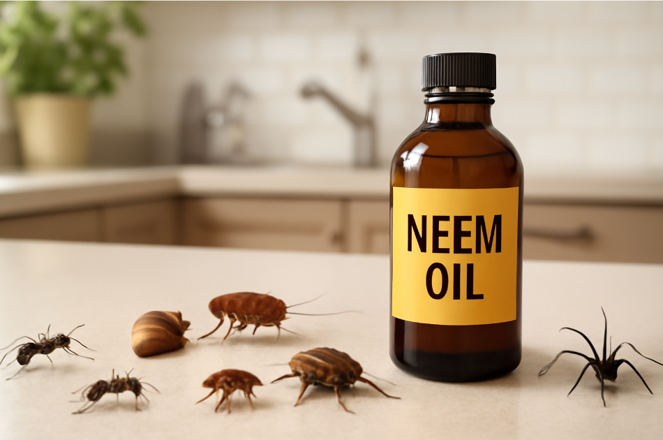 "A dark amber bottle of neem oil placed on a kitchen counter surrounded by common indoor pests like ants, cockroaches, fleas, and spiders, symbolizing a natural solution to pest control." 