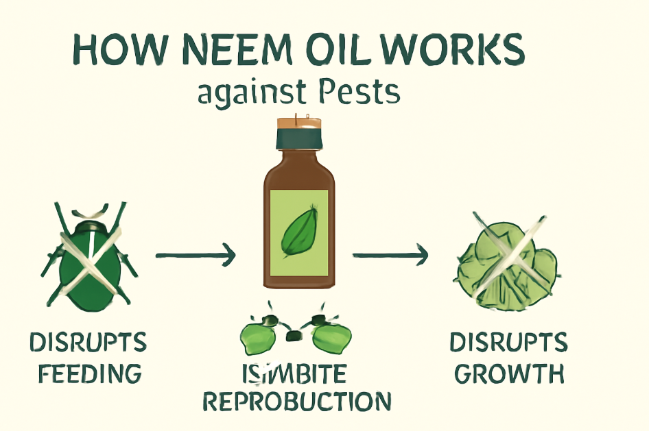 "Infographic showing how neem oil works against pests by disrupting feeding, inhibiting reproduction, and disrupting growth, with a bottle of neem oil at the center." 