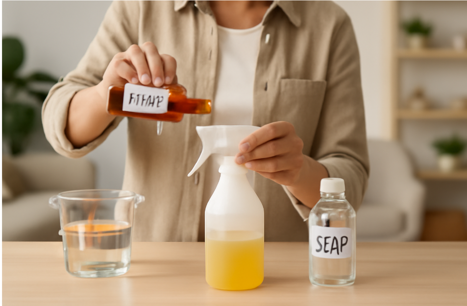 "A person preparing a neem oil solution by adding neem oil, water, and soap into a spray bottle. The ingredients are clearly labeled as 'NEEM OIL,' 'SEAP' (soap), and water in a well-lit, clean kitchen setting." 
