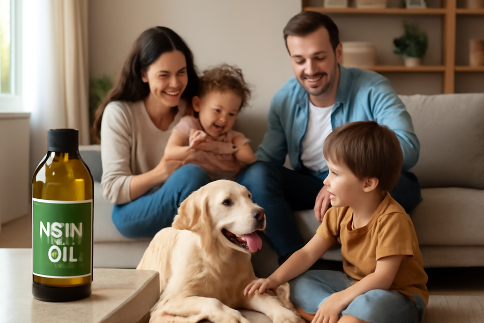 "A happy family in a cozy living room with a playful Labrador dog, surrounded by pets and children. A bottle of neem oil sits on the counter, symbolizing a safe, natural way to control pests in a non-toxic home environment." 