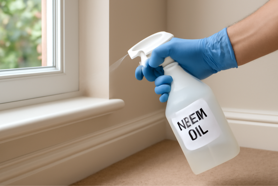 "A person wearing blue gloves spraying neem oil from a bottle labeled 'Neem Oil' around the corners of a window frame and baseboard, targeting pest hotspots in a well-lit room." 