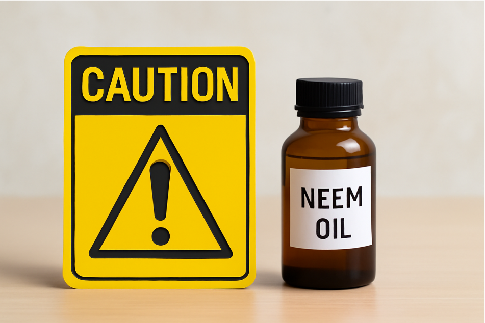 "A yellow caution sign with an exclamation mark next to a bottle of neem oil, symbolizing the need for safe use and precautions when handling neem oil." 