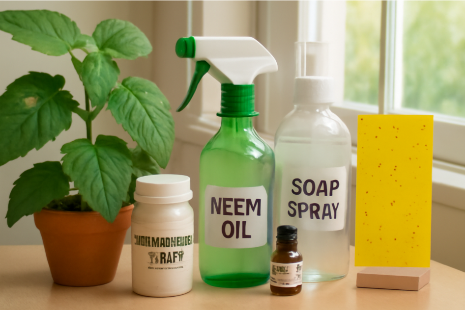 "Collection of organic pest control remedies for indoor plants, including neem oil, soap spray, diatomaceous earth, essential oils, and yellow sticky traps. The products are arranged next to a healthy indoor plant in a bright, natural setting with soft sunlight streaming through a window." 