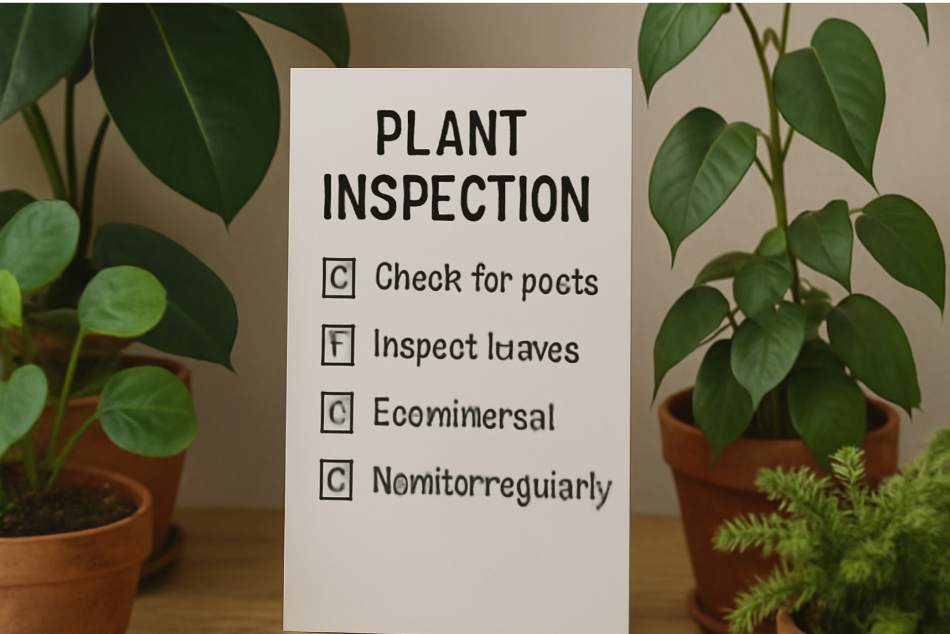 "Plant inspection checklist with plant care tasks, including checking for pots, inspecting leaves, and ensuring regular care. The checklist is placed in front of houseplants in decorative pots." 