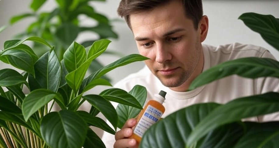 Man in a white shirt inspecting a lush green houseplant while holding a bottle of plant fertilizer, surrounded by vibrant indoor greenery, promoting plant care and gardening tips.