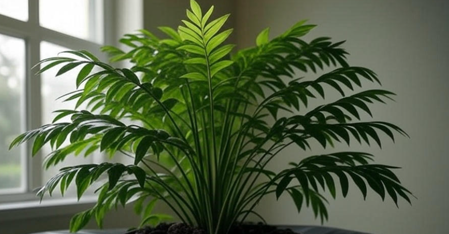 Lush green indoor plant with feathery leaves in a pot near a window, showcasing natural home decor and the benefits of houseplants for air purification and aesthetics.