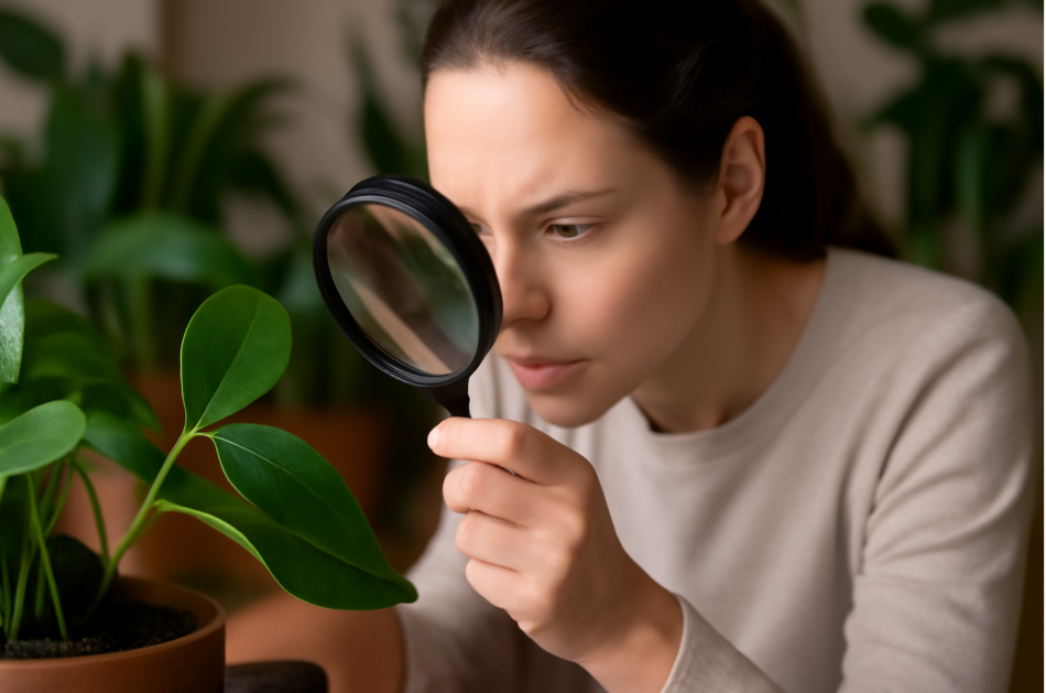 "Indoor gardener inspecting a plant leaf with a magnifying glass to check for pests, with clear plant foliage and soft natural lighting." 