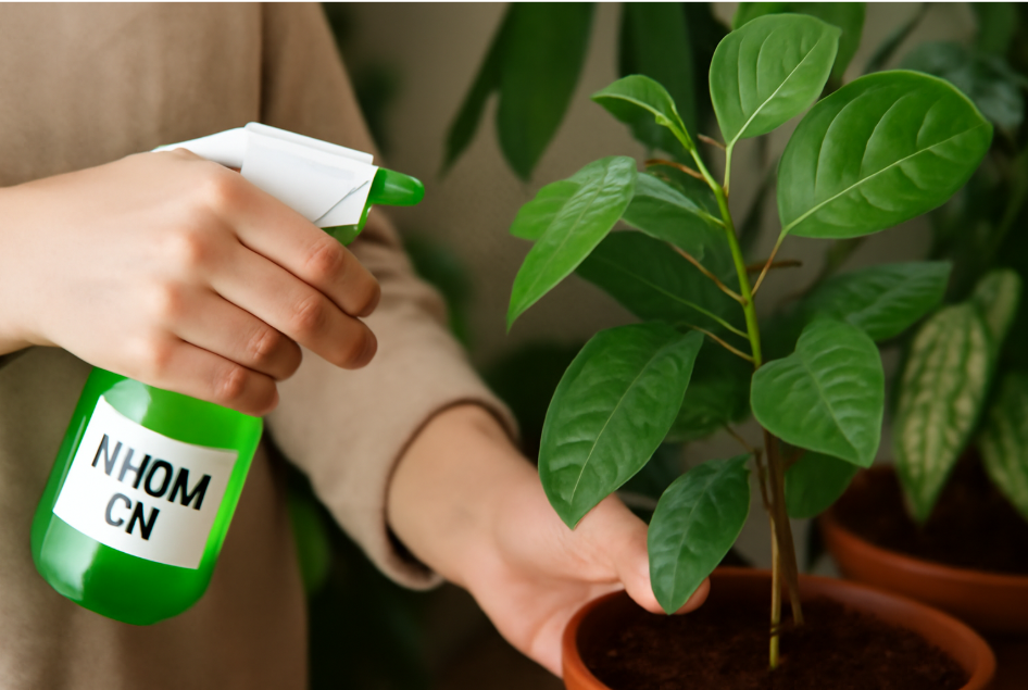 "Person spraying neem oil solution on an indoor plant with a green spray bottle, focusing on the leaves with soft natural lighting in the background." 
