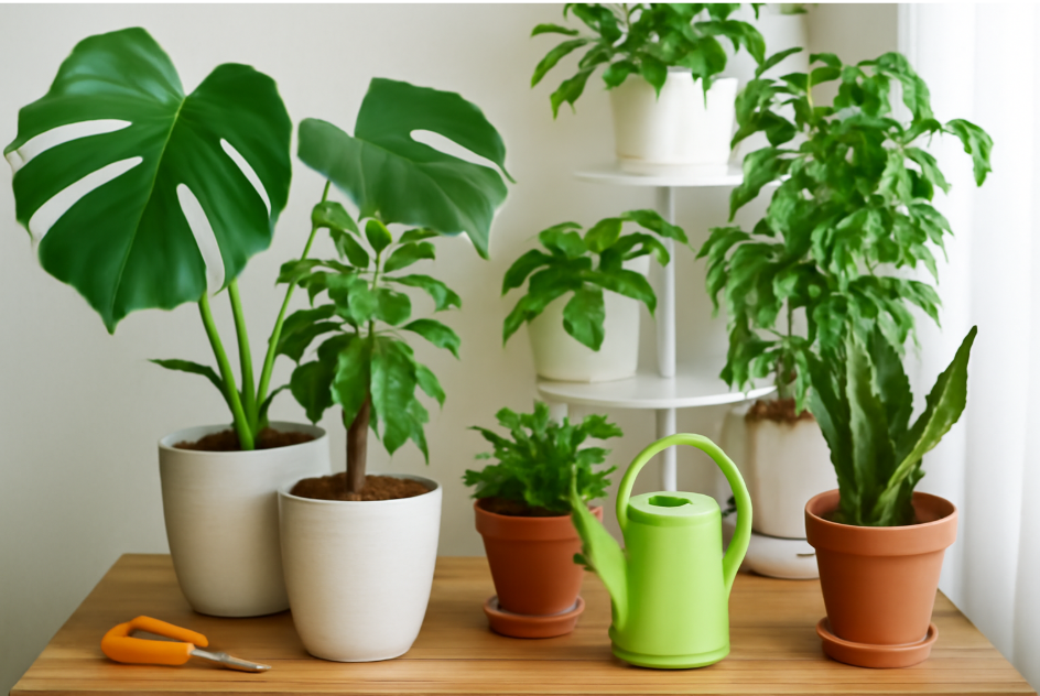 "Well-organized indoor garden with healthy plants in white and terracotta pots, a rotating plant display, and plant care tools like pruning shears and a green watering can." 