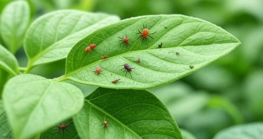 "Close-up of a green leaf infested with small red and black mites, showcasing a garden pest problem, natural agriculture, and plant health issues."