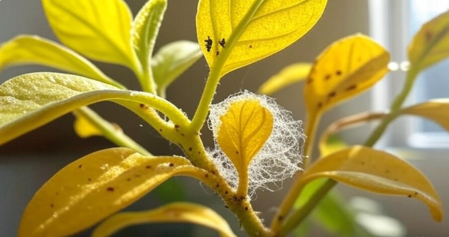 "Close-up of a yellowing plant leaf with spider mites and webbing, highlighting indoor plant care, pest control, and gardening health issues."