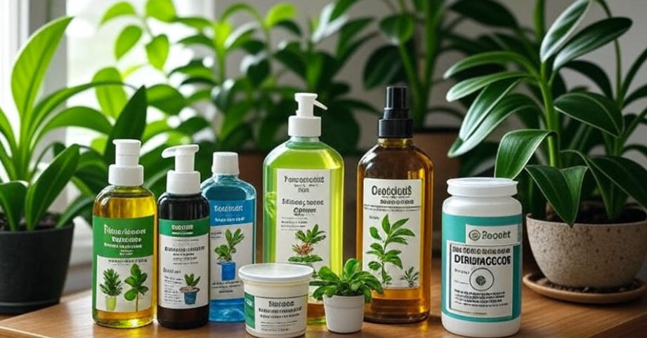 "Assortment of natural skincare and haircare products with herbal ingredients, displayed with lush green indoor plants, promoting organic beauty and wellness."
