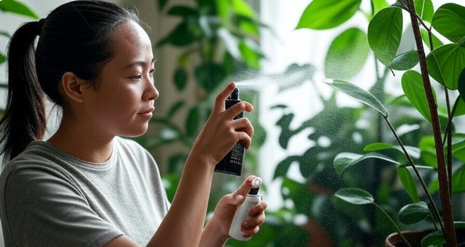 "Woman applying a facial mist spray in a lush indoor plant setting, promoting skincare routine, natural beauty, and indoor gardening benefits."
