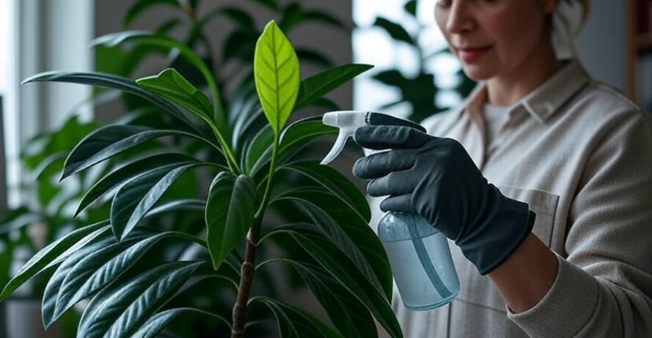 "Woman wearing gloves spraying a healthy green houseplant with a mist bottle, promoting indoor plant care, gardening tips, and plant maintenance."