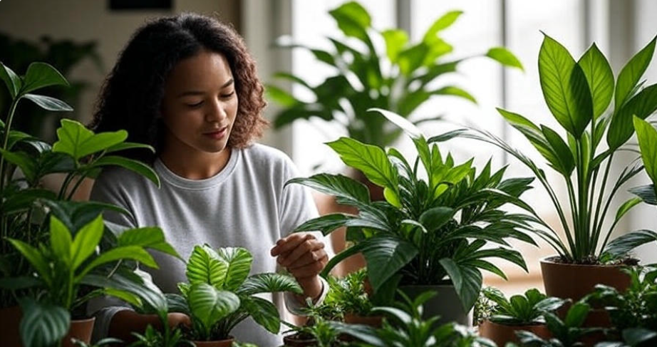 "Woman tending to lush green indoor plants in a bright room, promoting houseplant care, indoor gardening, and home decor with plants."