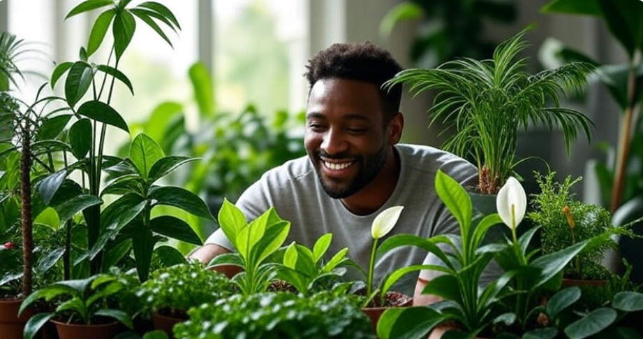 "Happy man caring for lush indoor plants with green leaves and white flowers, promoting indoor gardening, plant care tips, and home greenery benefits."