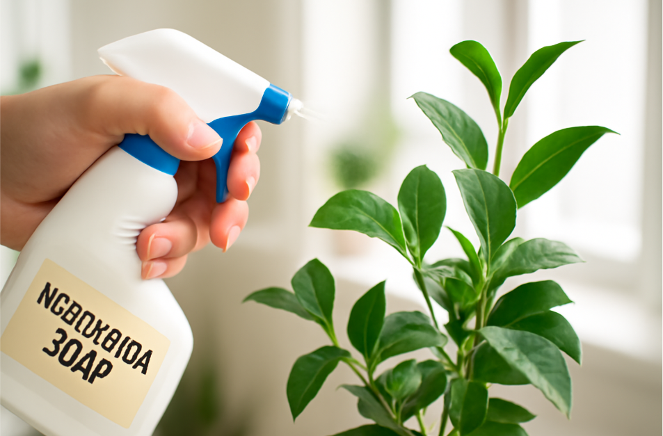 "Close-up image of a person holding a green-and-white spray bottle labeled 'Insecticidal Soap' and applying a fine mist to the leaves of a healthy indoor plant. The plant is lush and vibrant, with glossy green leaves, and the background features a bright, clean, and natural indoor environment with soft, diffused light." 