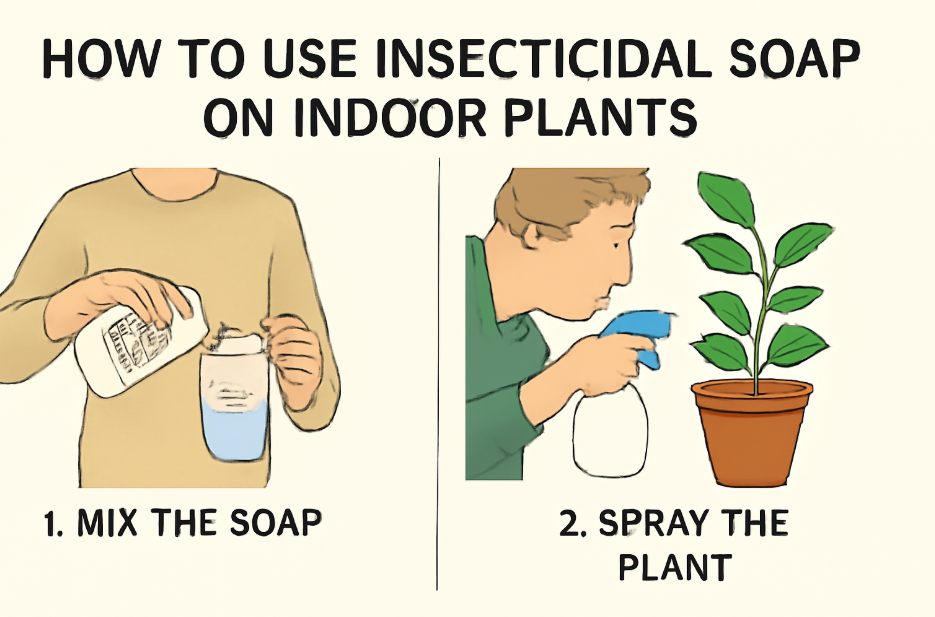 "Step-by-step infographic titled 'How to Use Insecticidal Soap on Indoor Plants' showing four clear actions: 1) Mixing the soap in a container, 2) Spraying the soap on the plant, 3) Checking for pest activity, and 4) Reapplying if needed. Each step is illustrated with simple, cartoon-like drawings and easy-to-read text instructions." 