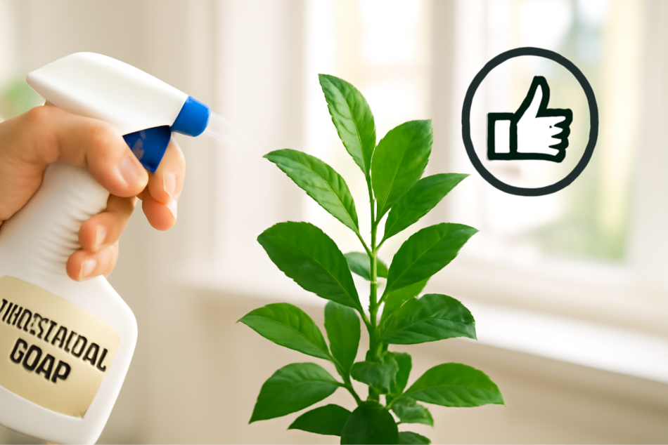 "Photo of a person spraying insecticidal soap onto a healthy indoor plant with bright green leaves. The image features a visible thumbs-up symbol, indicating that the product is safe for plants, pets, and the environment. The background is bright and airy, with soft natural light flooding the room, highlighting the plant and the gentle mist from the spray bottle." 