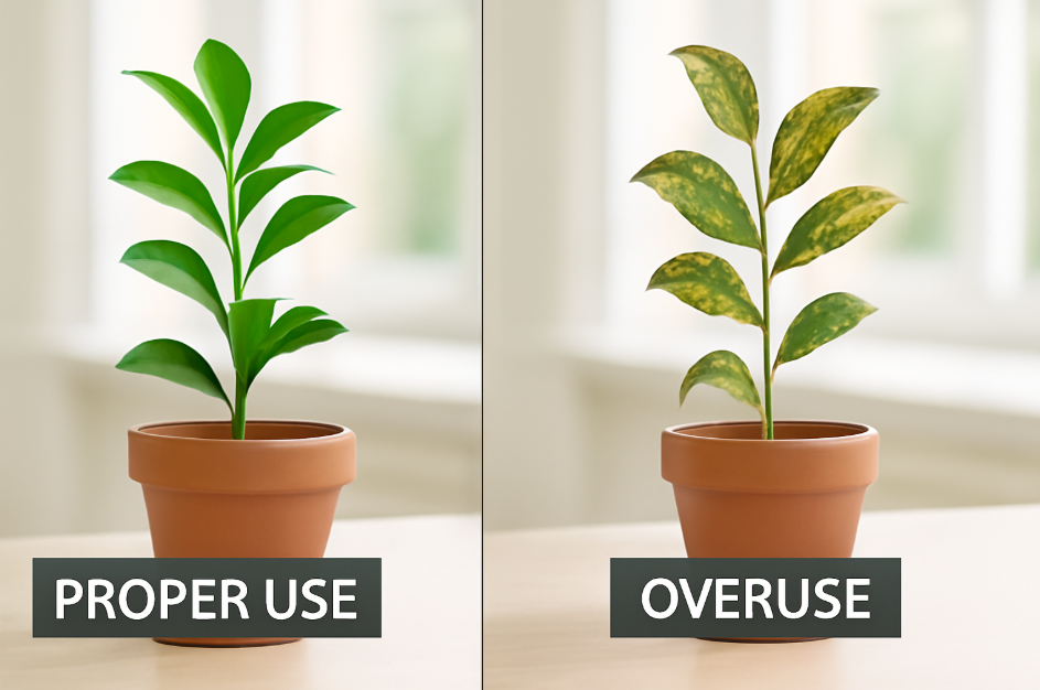 "Side-by-side comparison of two indoor plants in terracotta pots. On the left, a healthy plant with vibrant green leaves labeled 'Healthy Plant,' and on the right, a plant showing visible damage from overuse of insecticidal soap, with yellowing and browning leaves, labeled 'Overuse.' The plants are placed on a light-colored surface with a soft natural background." 