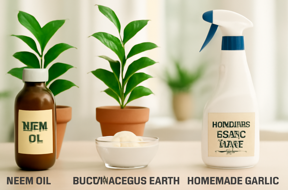 "Image showcasing three natural pest control solutions for indoor plants: Neem oil in a brown bottle, diatomaceous earth in a small jar, and homemade garlic spray in a spray bottle. Each product is clearly labeled with bold text and placed in front of two healthy indoor plants in terracotta pots, with soft natural light highlighting the eco-friendly nature of the products." 