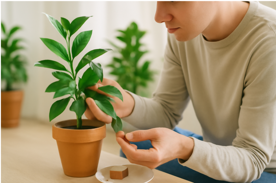 "Close-up image of a person inspecting their indoor plant for pests. The individual is carefully examining the leaves, with a focus on checking both sides of the leaves and cleaning up fallen leaves. The room is bright and airy, with natural light illuminating healthy plants in terracotta pots in the background, emphasizing the importance of preventative care for indoor plants." 