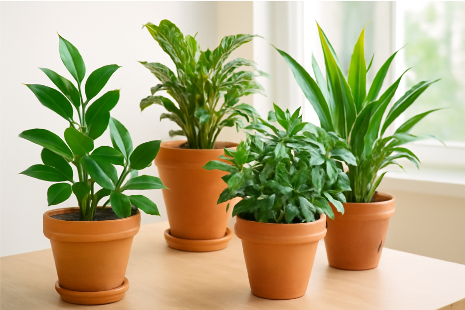 "Indoor garden showcasing a variety of healthy, vibrant plants in terracotta pots. The plants, including a rubber plant, ZZ plant, and snake plant, are arranged on a light wooden surface near a large window with soft natural light streaming in. The bright, well-maintained environment highlights the success of pest control and proper plant care." 