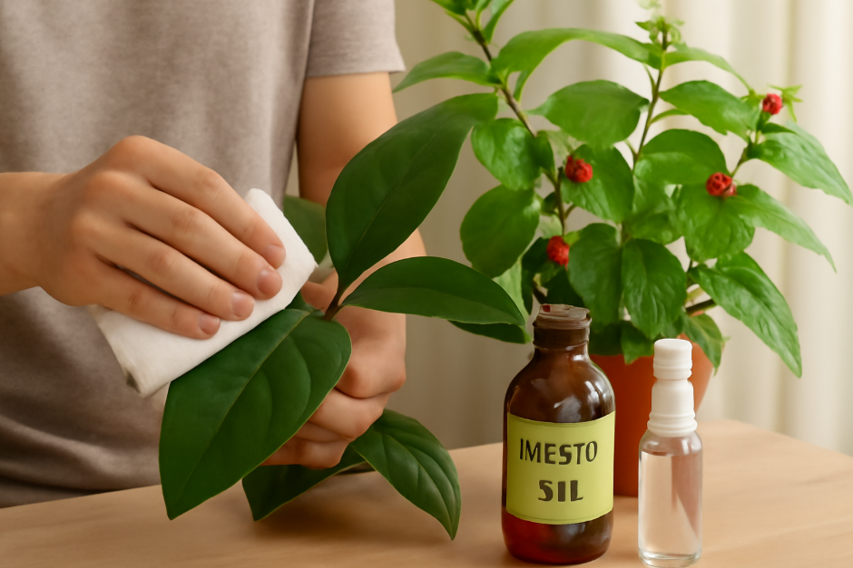 "Person using a damp cloth to wipe down the leaves of a rubber plant, removing pests, with neem oil and a spray bottle placed on a wooden surface. In the background, ladybugs crawl on a nearby plant, symbolizing natural pest control and organic gardening solutions."









